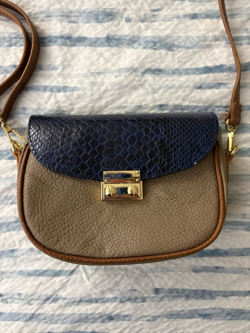 Leather Crossbody Bag with Navy Textured Flap